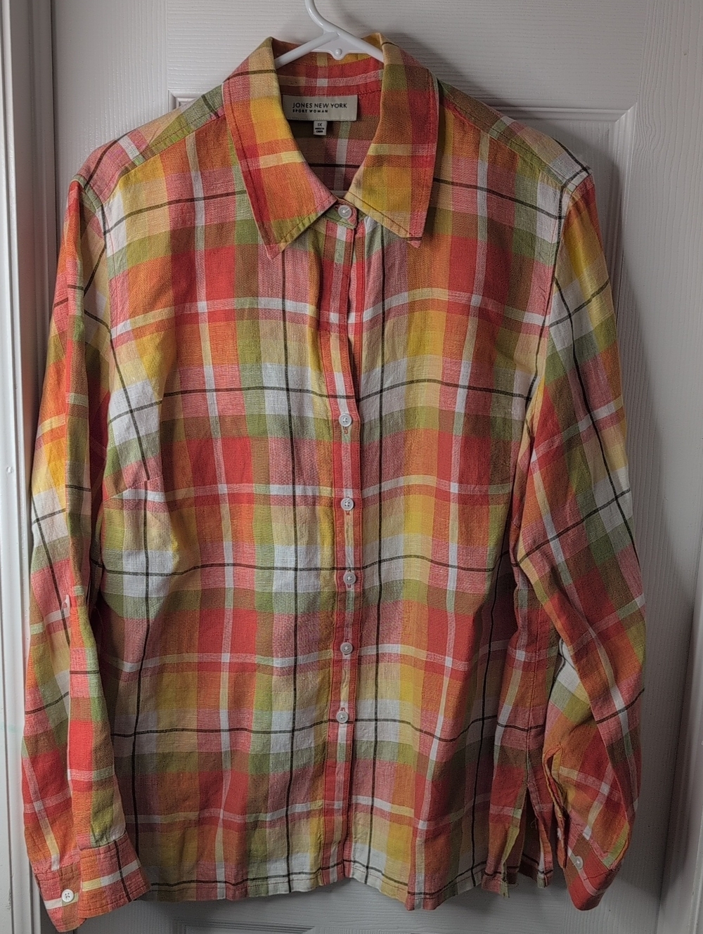 Jones New York 100% Linen Yellow Orange Green Plaid Button-Down Shirt Size 1X
